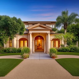 A refined residence featuring a dignified portico entrance, accompanied by a neat driveway leading to a garage.