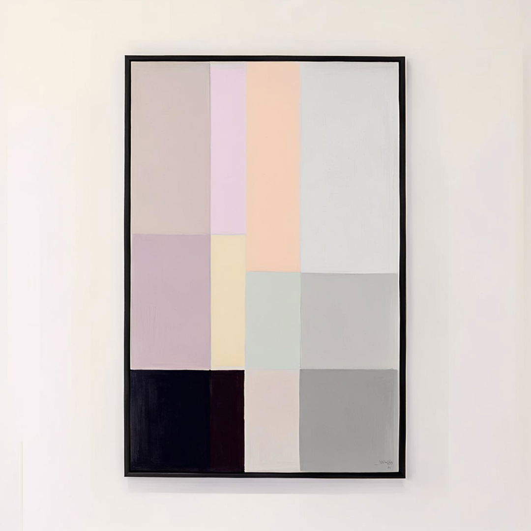 A 32k, 200mm photograph of a minimalist painting at MOMA, featuring large blocks of muted colors on canvas, framed in sleek black and set against the stark white walls of the museum