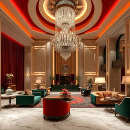 A luxurious hotel reception and lobby designed as if inside a rocoto relleno, which serves as inspiration for the decor