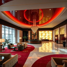 A luxurious hotel reception and lobby designed as if inside a rocoto relleno, which serves as inspiration for the decor