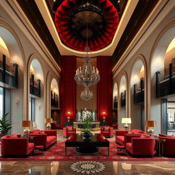 A luxurious hotel reception and lobby designed as if inside a rocoto relleno, which serves as inspiration for the decor