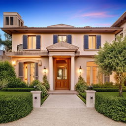 A refined residence featuring a dignified portico entrance, accompanied by a neat driveway leading to a garage.