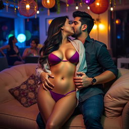 A sensual scene featuring a gorgeous young woman named Sana Khan wearing bikini bottoms and a semi-transparent shirt that emphasizes her curves