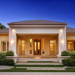 A refined residence featuring a dignified portico entrance, accompanied by a neat driveway leading to a garage.