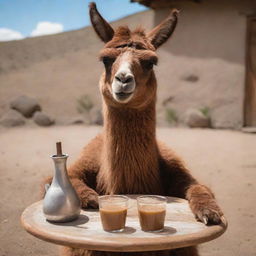 A lively brown llama animation enjoying a traditional Argentinian mate.