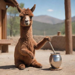 A lively brown llama animation enjoying a traditional Argentinian mate.