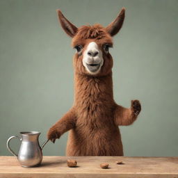 A lively brown llama animation enjoying a traditional Argentinian mate.