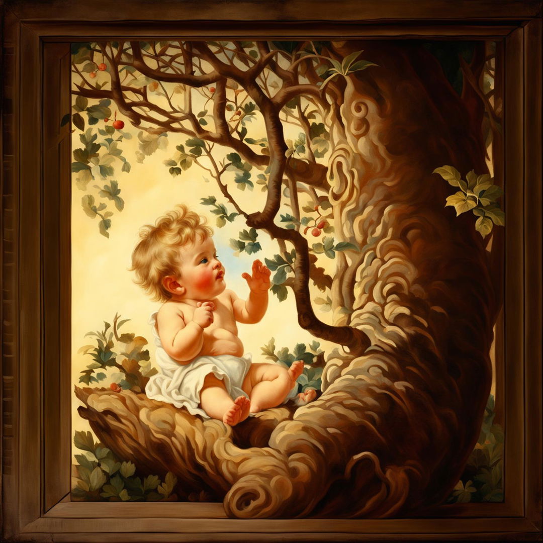 A Victorian-era painting in an ornate gold frame depicting a baby under an apple tree, rendered in 32k resolution with a vintage film effect