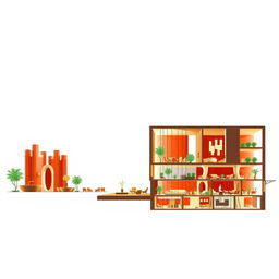 Longitudinal and cross-section architectural drawings of a luxurious hotel reception and lobby, designed to resemble the interior of a rocoto relleno