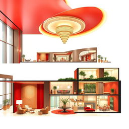 Longitudinal and cross-section architectural drawings of a luxurious hotel reception and lobby, designed to resemble the interior of a rocoto relleno