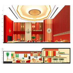 Longitudinal and cross-section architectural drawings of a luxurious hotel reception and lobby, designed to resemble the interior of a rocoto relleno