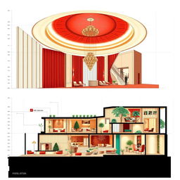 Longitudinal and cross-section architectural drawings of a luxurious hotel reception and lobby, designed to resemble the interior of a rocoto relleno