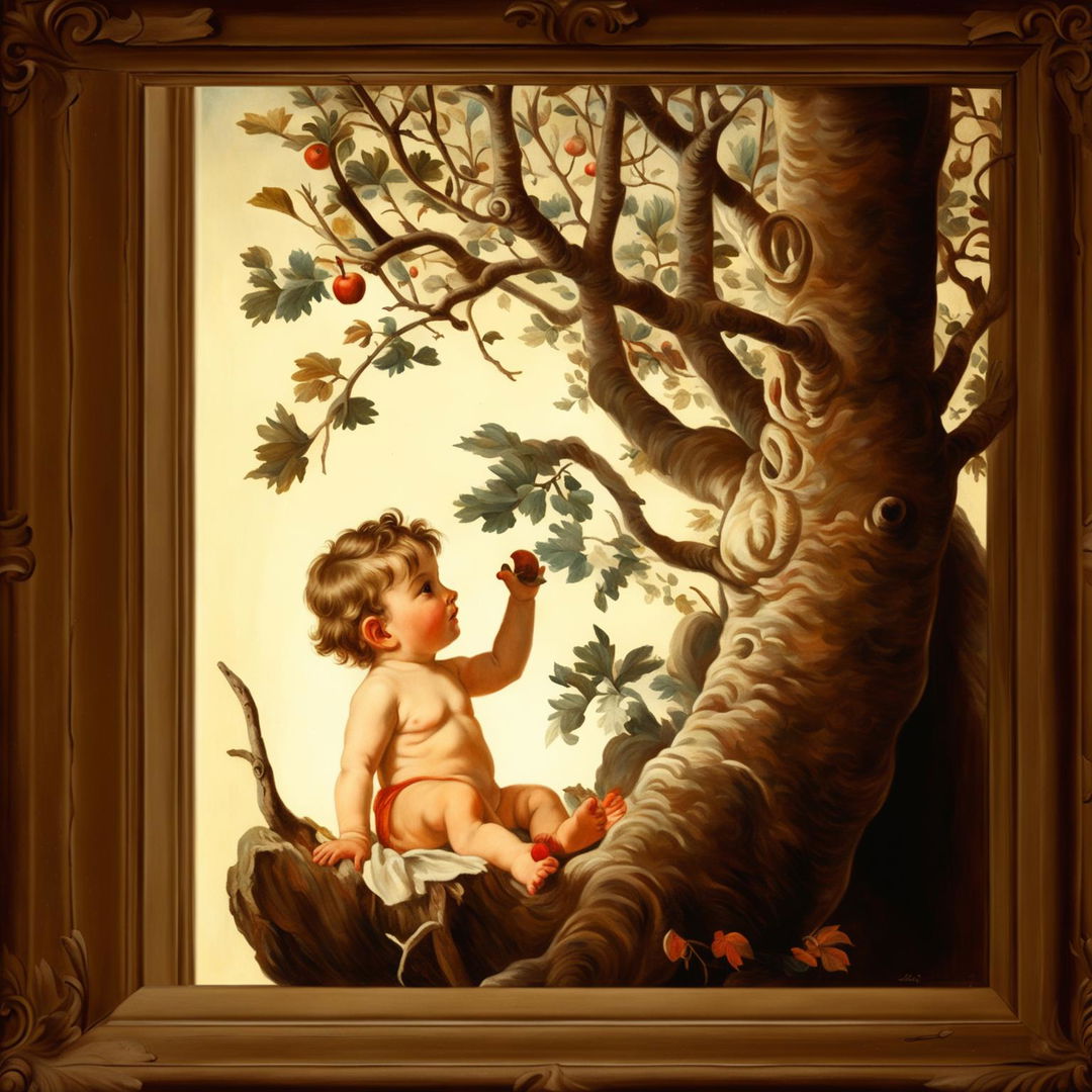 A Victorian-era painting in a gold frame featuring a baby under an apple tree, presented in 32k resolution with a vintage aesthetic