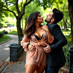 A sensual outdoor scene featuring the alluring Sana Khan wearing a chic chiffon short skirt and bold red lipstick
