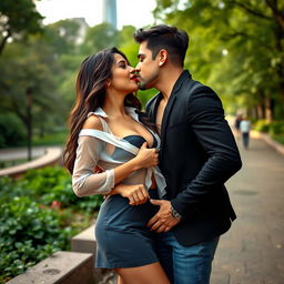 A sensual outdoor scene featuring the alluring Sana Khan wearing a chic chiffon short skirt and bold red lipstick