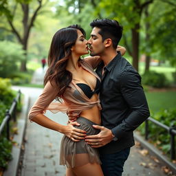 A sensual outdoor scene featuring the alluring Sana Khan wearing a chic chiffon short skirt and bold red lipstick
