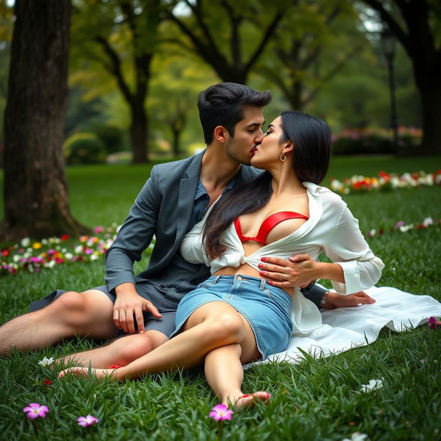 A sensual scene featuring the captivating Sana Khan wearing a stylish short skirt and bold red lipstick