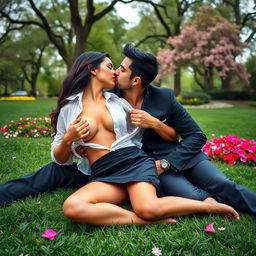 A sensual scene featuring the captivating Sana Khan wearing a stylish short skirt and bold red lipstick