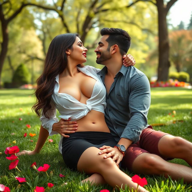 A sensual outdoor scene featuring the captivating Sana Khan wearing a stylish short skirt and bold red lipstick