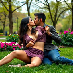 A sensual outdoor scene featuring the captivating Sana Khan wearing a stylish short skirt and bold red lipstick
