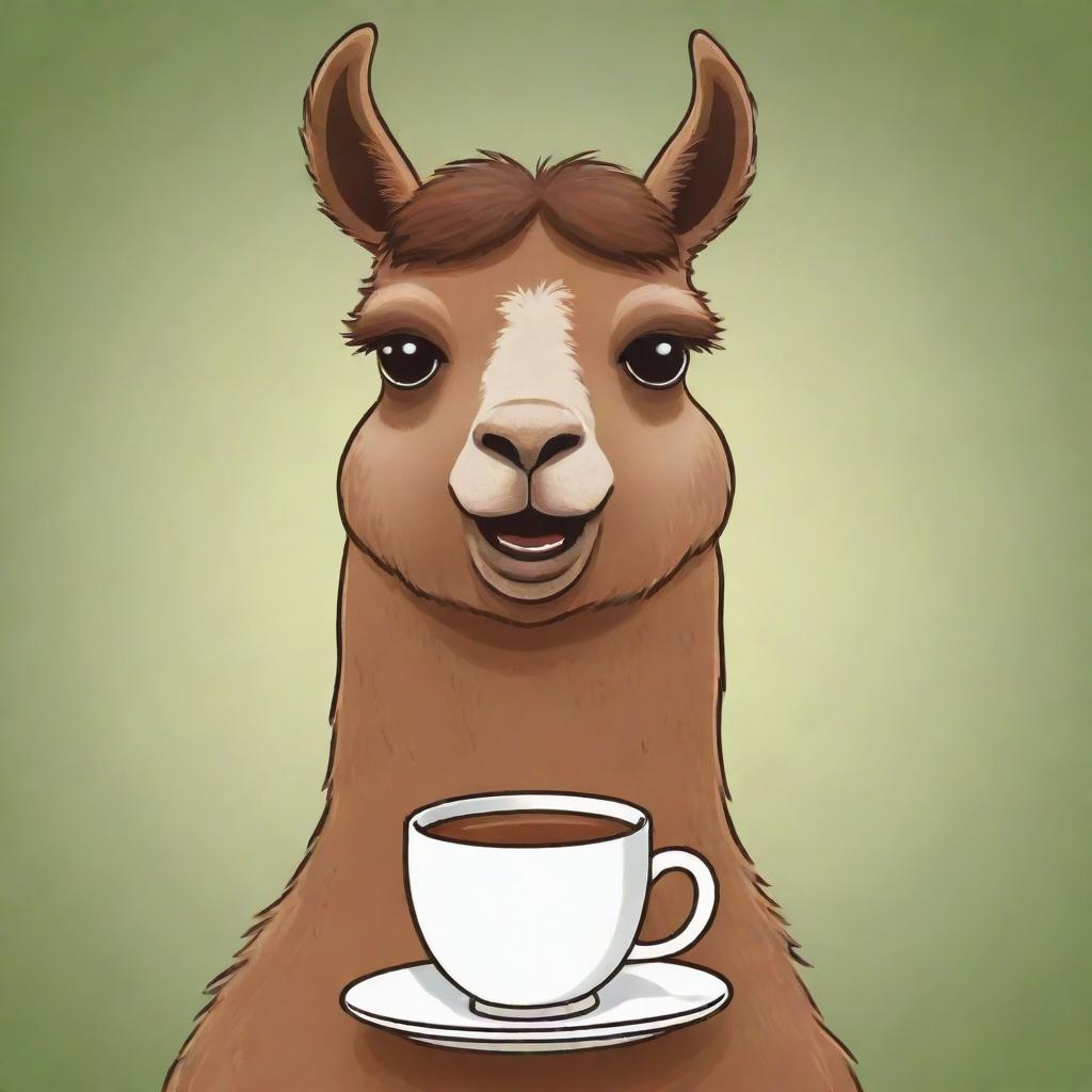 A cartoon-style drawing of a brown llama happily sipping traditionally brewed mate.