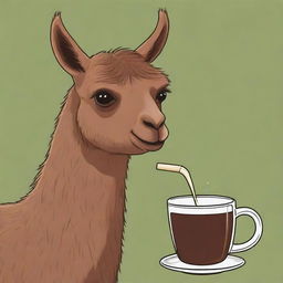 A cartoon-style drawing of a brown llama happily sipping traditionally brewed mate.