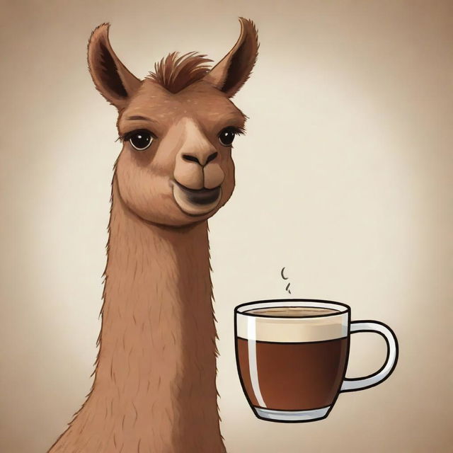 A cartoon-style drawing of a brown llama happily sipping traditionally brewed mate.