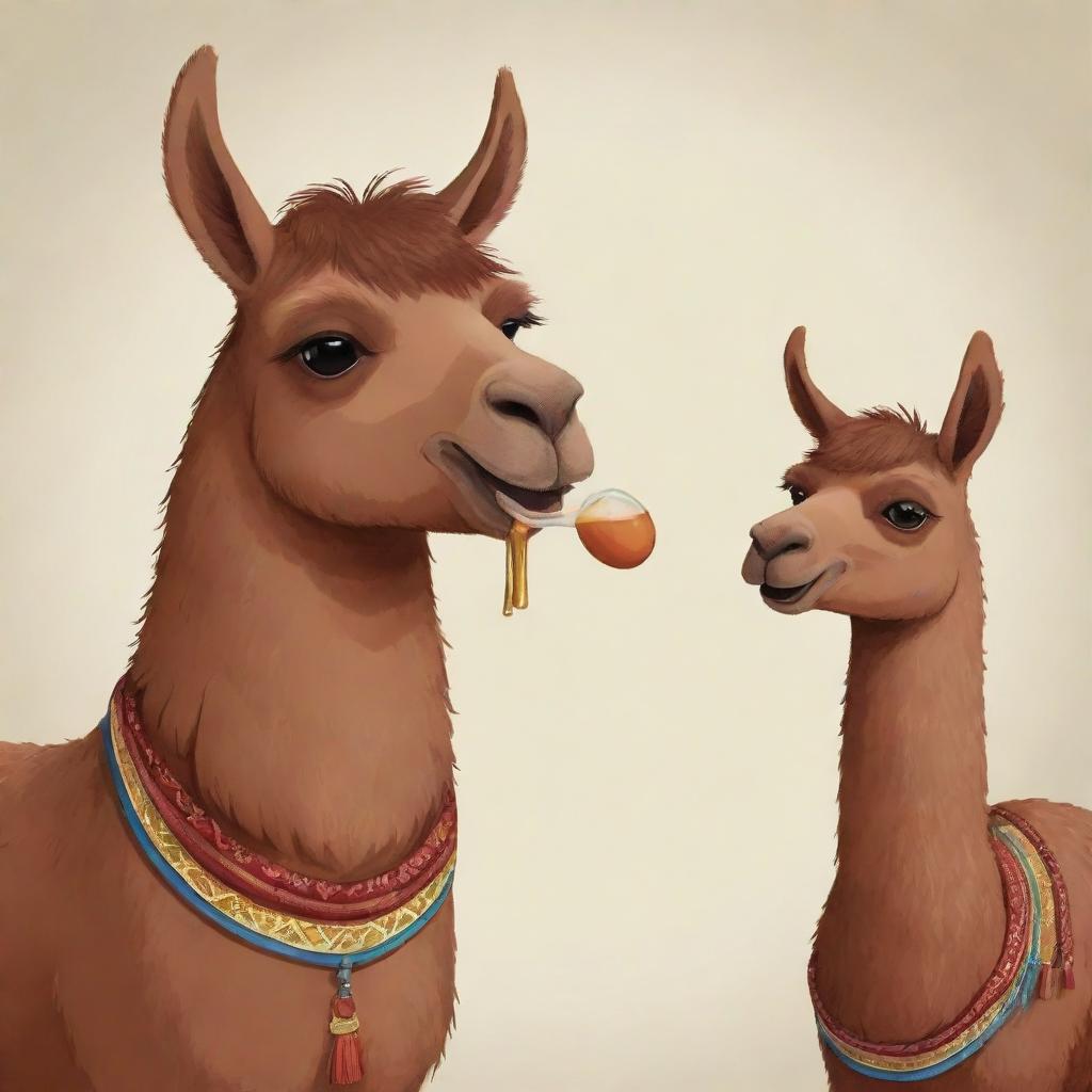 A charming cartoon illustration of a brown llama happily sipping on a traditional South American mate.