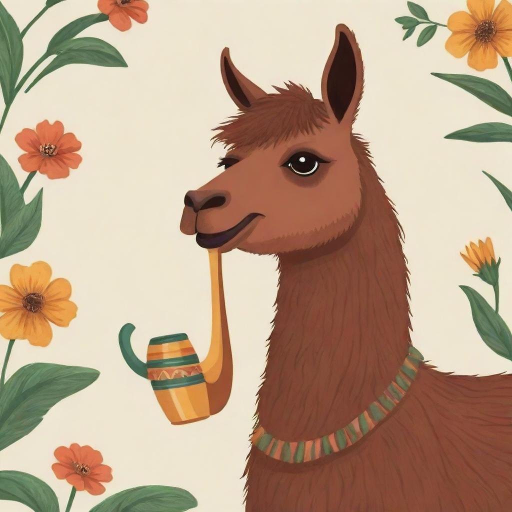 A charming cartoon illustration of a brown llama happily sipping on a traditional South American mate.