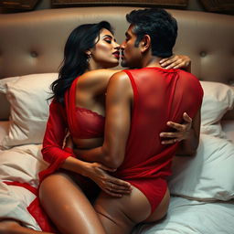 A sensual scene featuring the stunning Nushrat Bharucha in striking red lingerie and bold red lipstick