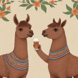 A charming cartoon illustration of a brown llama happily sipping on a traditional South American mate.