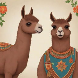 A charming cartoon illustration of a brown llama happily sipping on a traditional South American mate.