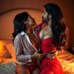 A sensual scene featuring the alluring Nushrat Bharucha in striking red lingerie and bold red lipstick