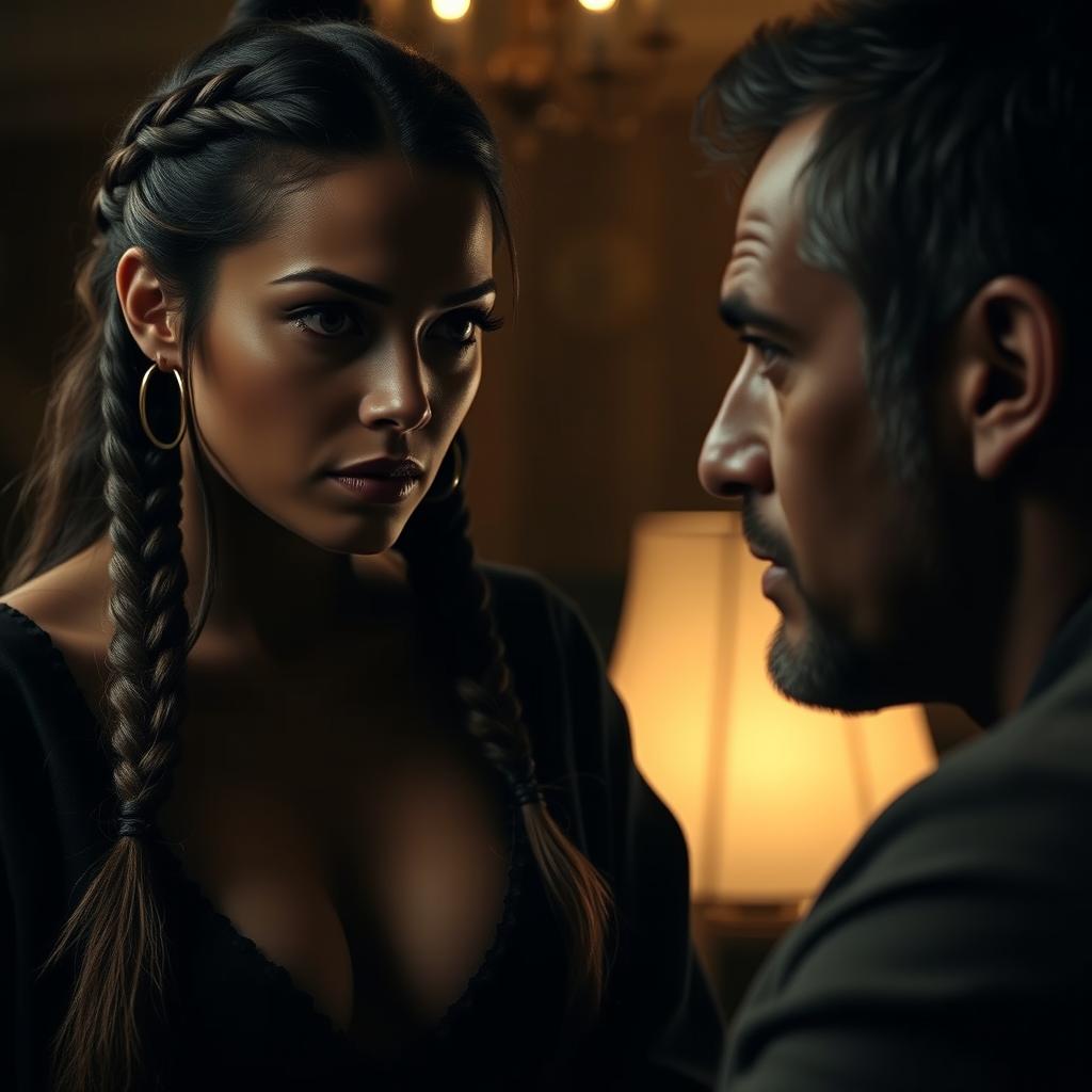 A dramatic and emotional scene featuring a confident woman with striking eyes, engaging in a serious conversation with a man