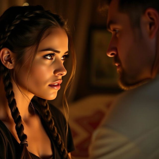 A dramatic and emotional scene featuring a confident woman with striking eyes, engaging in a serious conversation with a man