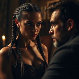 A dramatic and emotional scene featuring a confident woman with striking eyes, engaging in a serious conversation with a man