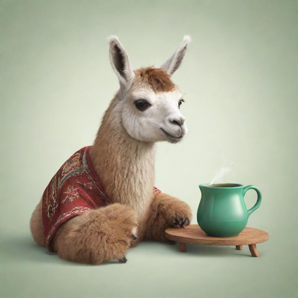 Animated illustration of a llama sipping traditional mate tea