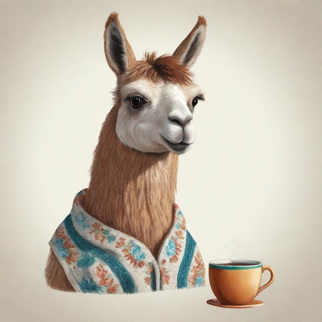 Animated illustration of a llama sipping traditional mate tea