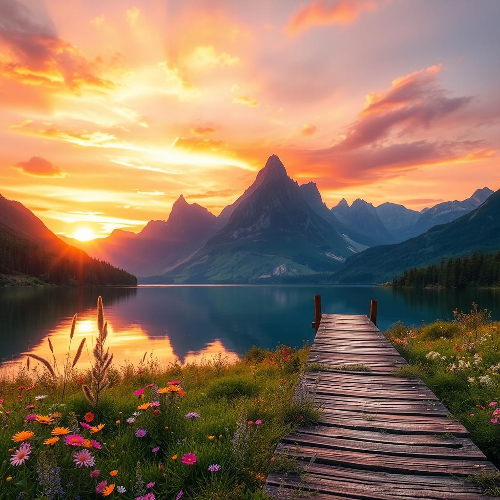 A stunning fantasy landscape featuring a vibrant sunset over a serene lake surrounded by lush, towering mountains