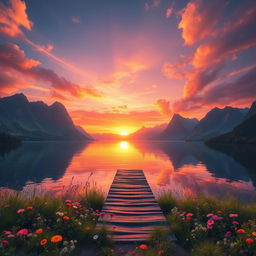 A stunning fantasy landscape featuring a vibrant sunset over a serene lake surrounded by lush, towering mountains