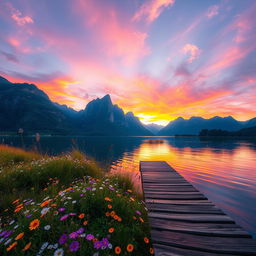 A stunning fantasy landscape featuring a vibrant sunset over a serene lake surrounded by lush, towering mountains