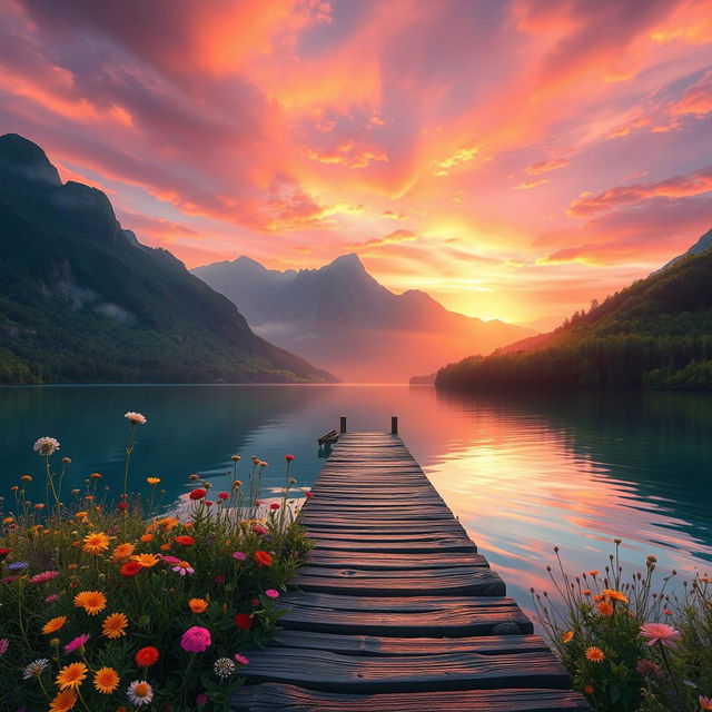 A stunning fantasy landscape featuring a vibrant sunset over a serene lake surrounded by lush, towering mountains