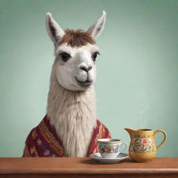 Animated illustration of a llama sipping traditional mate tea