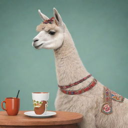 Animated illustration of a llama sipping traditional mate tea