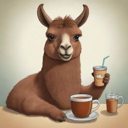 A cartoon image of a brown llama comfortably drinking Uruguayan mate tea.