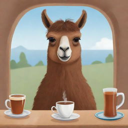 A cartoon image of a brown llama comfortably drinking Uruguayan mate tea.