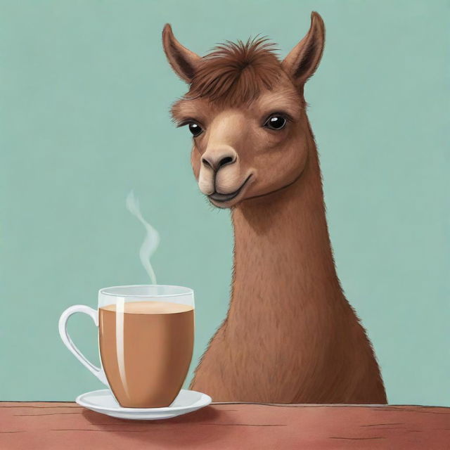 A cartoon image of a brown llama comfortably drinking Uruguayan mate tea.