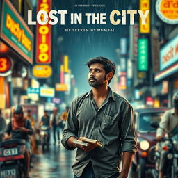 A striking movie poster depicting a profound author lost and depressed in the bustling streets of Mumbai