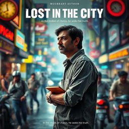 A striking movie poster depicting a profound author lost and depressed in the bustling streets of Mumbai