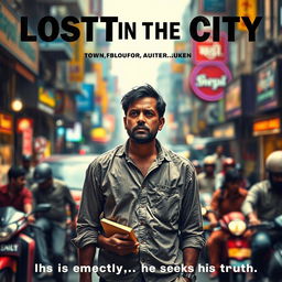 A striking movie poster depicting a profound author lost and depressed in the bustling streets of Mumbai
